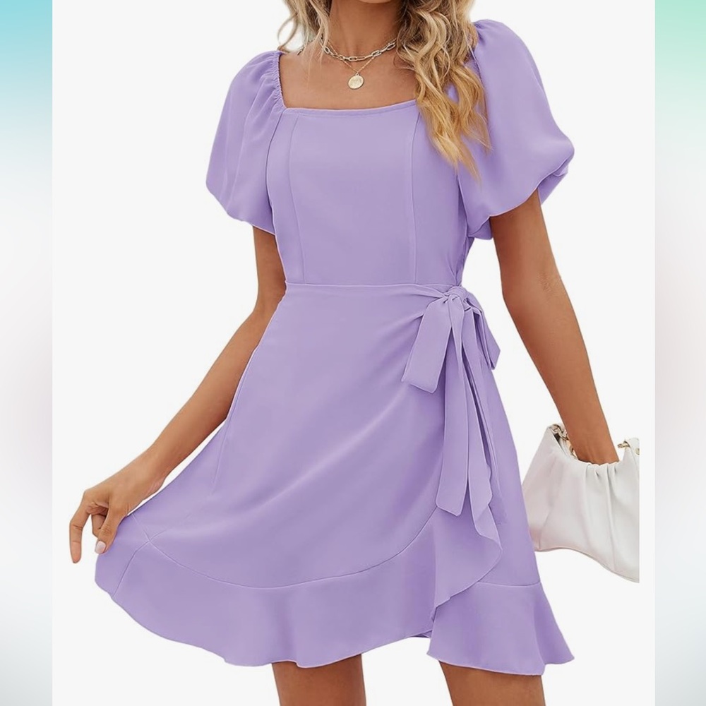 NWT Women’s Lilac Puff Sleeve Square Neck Faux Wrap Tie Waist Dress
